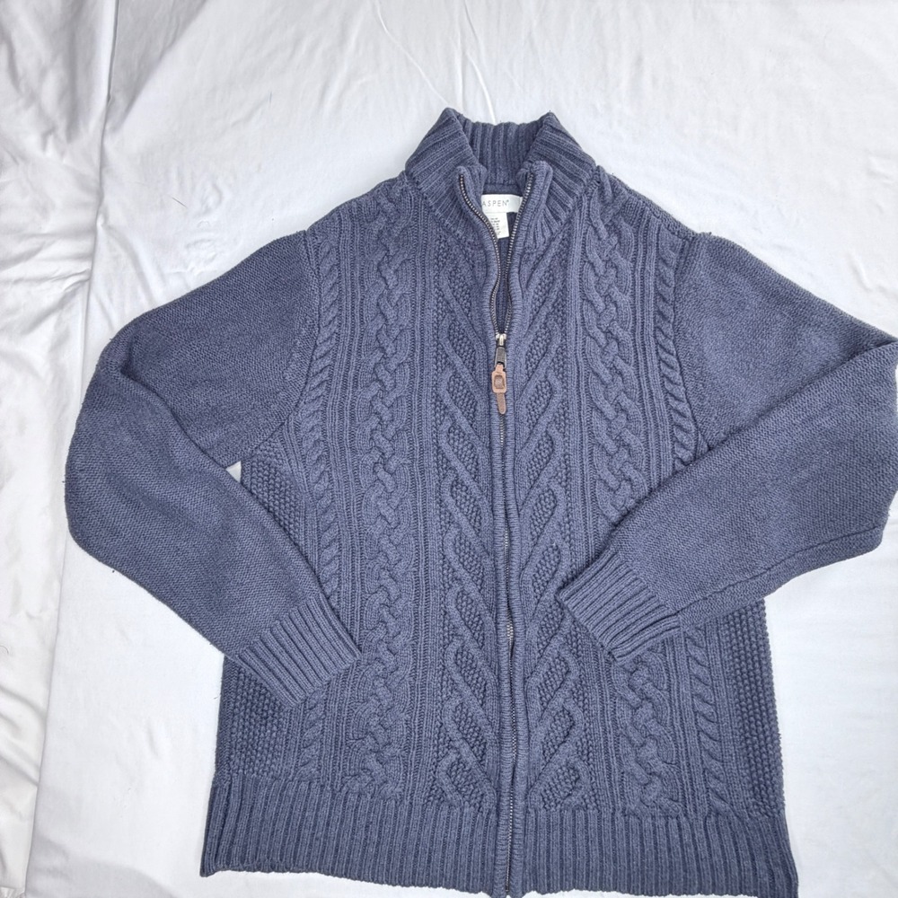 ASPEN Cable Knit Full Zip Mock Neck Sweater Mens Medium Blue Long Sleeve